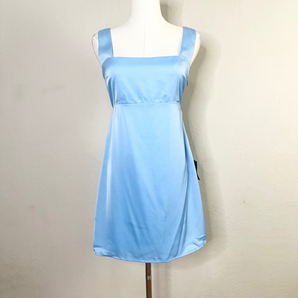 Lulus Mini Dress Light Blue Satin Square Neck Empire Waist Sleeveless‎ Small NWT